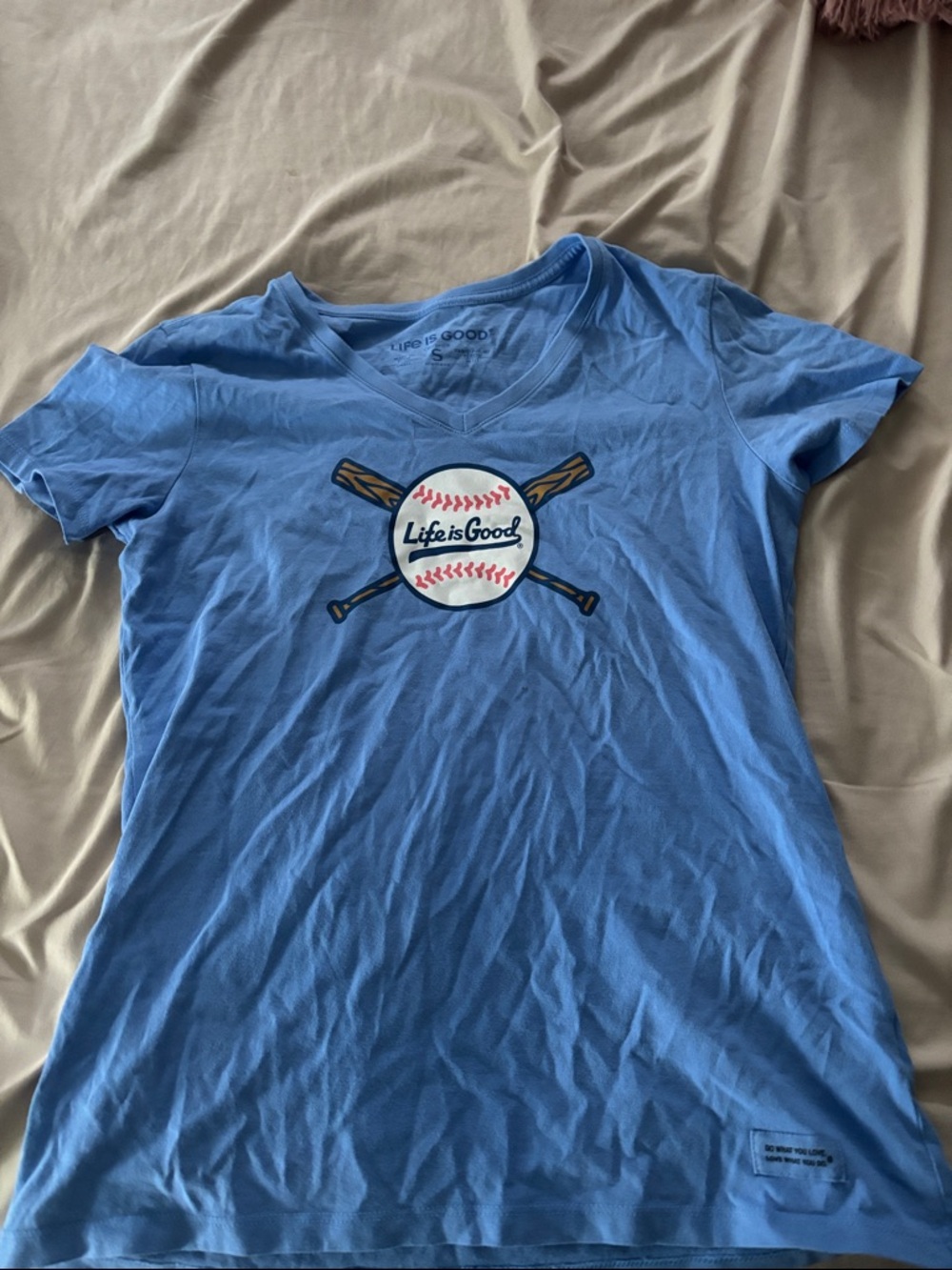 Life Is Good Light Blue Baseball Graphic V-Neck Tee